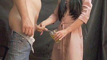 play He licks the balls and gives a blowjob and drinks the sweet liberation